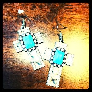 Brand new hammered metal turquoise cross earrings
